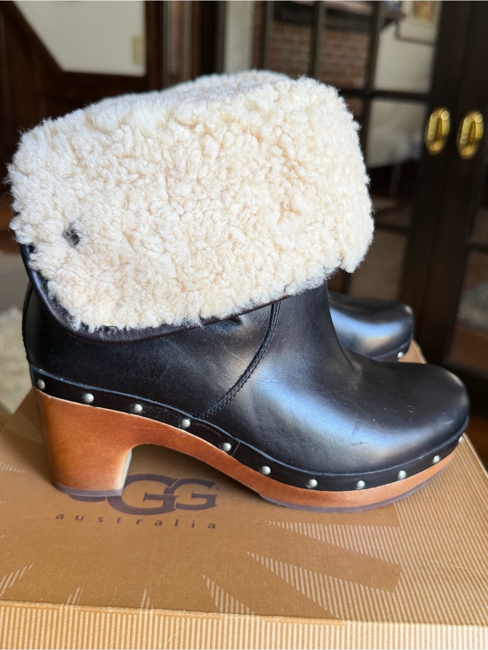 UGG Black Leather Shearling Clog Mules with Cream Cuff